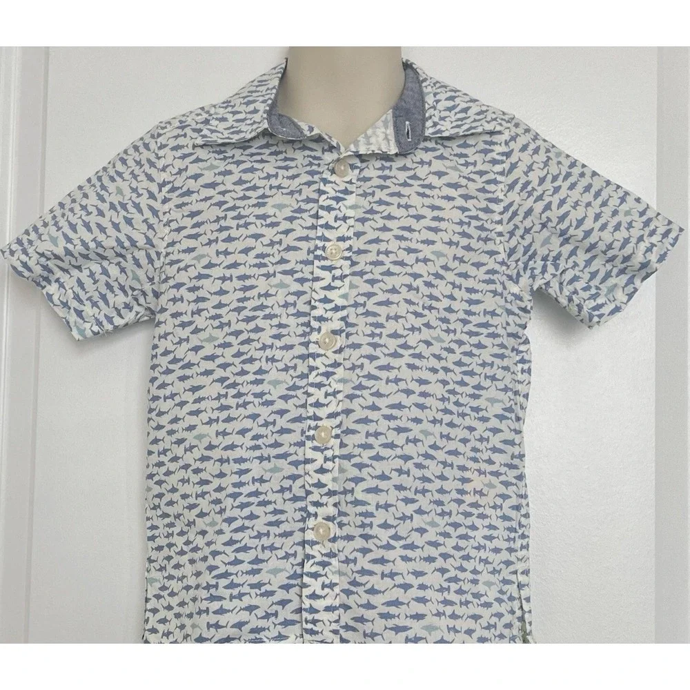 OshKosh Bgosh Boys 2T Shark‎ Print Short Sleeve Button Down Shirt White NWT
